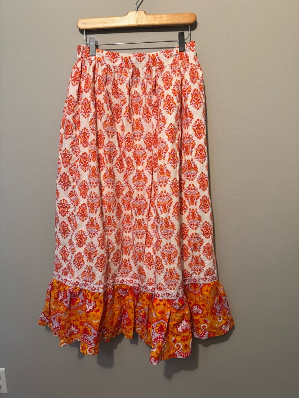 Women’s White and Orange Maxi Skirt with Ruffle Hem